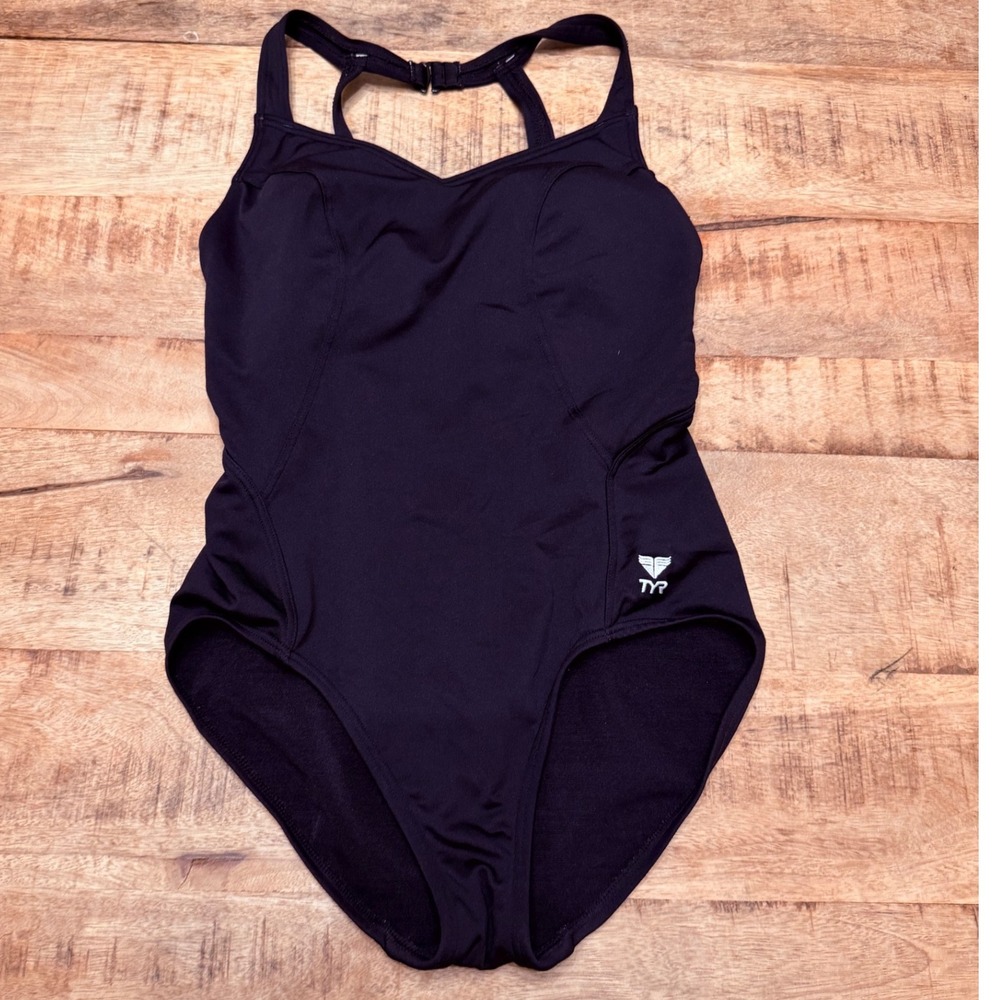 TYR Womens Black One Piece Swimsuit Size 10 Performance Swimwear Built In Cups
